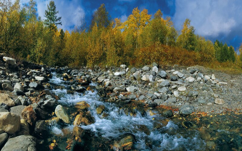Stream Flowing over Rocks — Blue, Dramatic, Autumn, Photograph