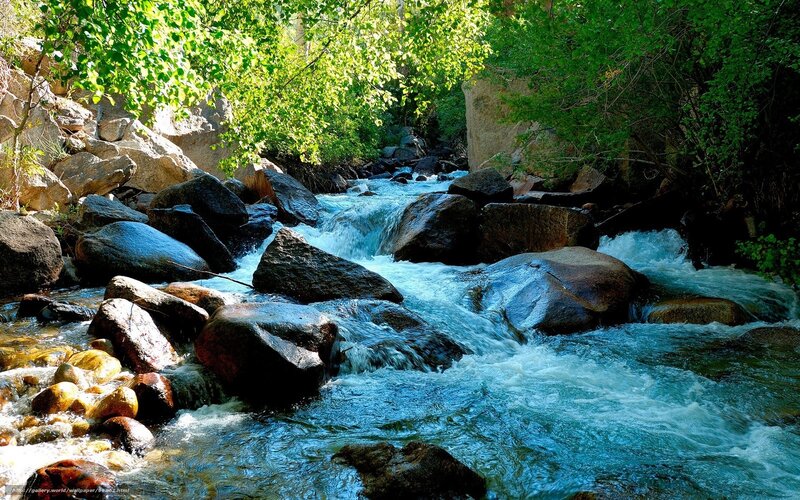 Stream Flowing over Rocks — Blue, Serene, Afternoon