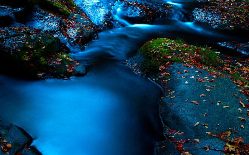Stream Flowing over Rocks — Blue, Serene, Autumn