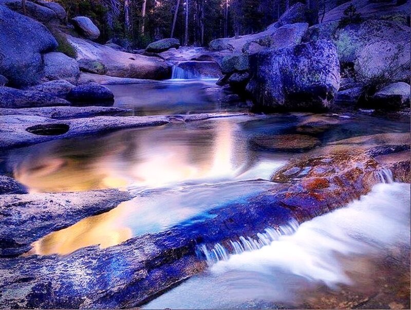 Stream Flowing over Rocks — Blue, Serene, Night