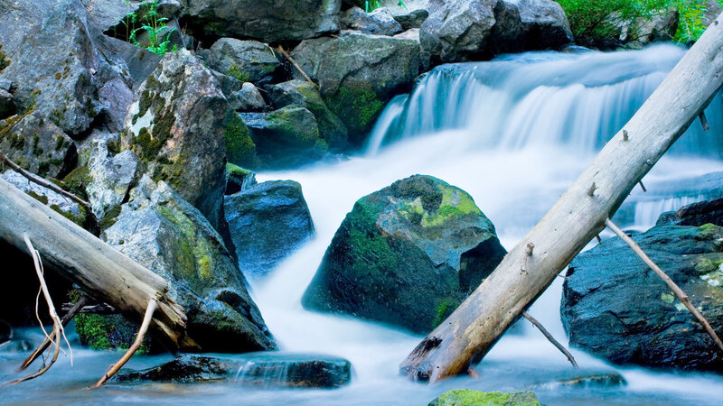 Stream Flowing over Rocks — Blue, Serene, Photograph, Fallen Logs