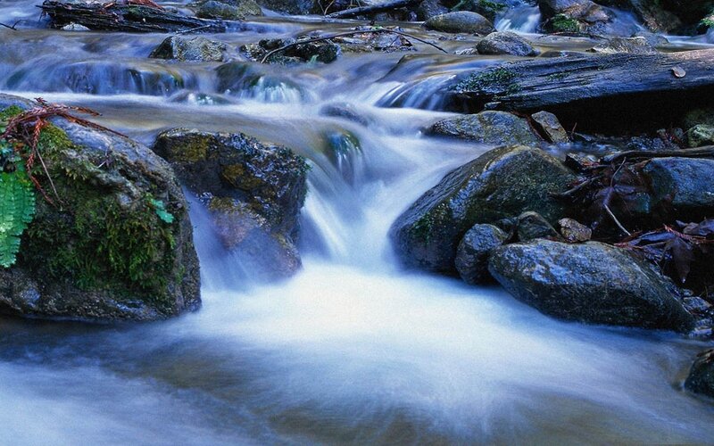 Stream Flowing over Rocks — Blue, Serene, Photograph, Moss