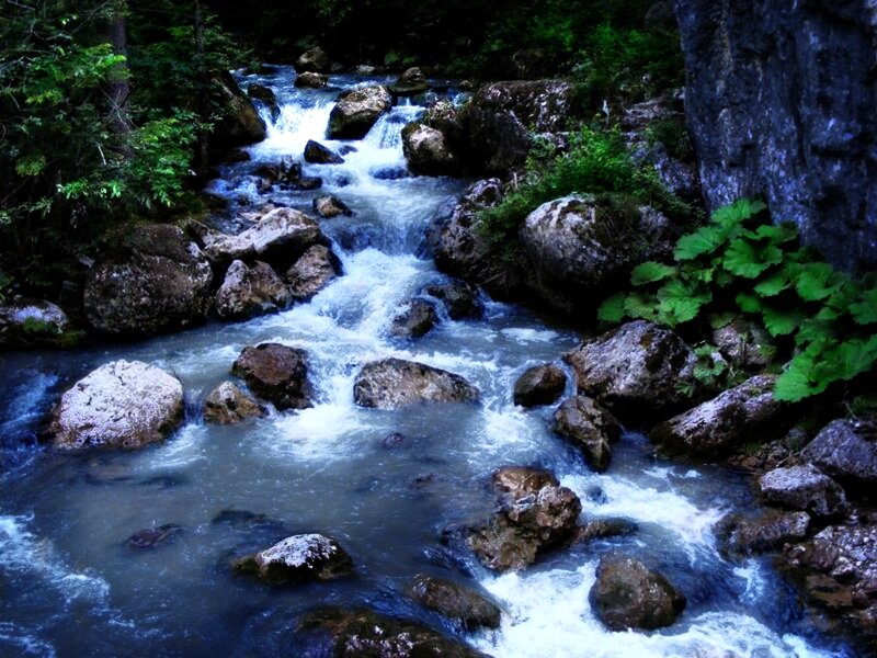 Stream Flowing over Rocks — Blue, Serene, Photograph