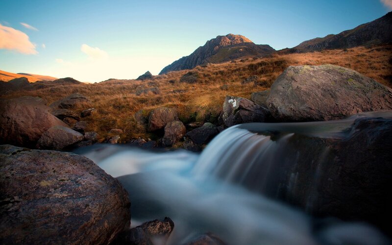 Stream Flowing over Rocks — Blue, Serene, Sunset, Photograph, Mountain
