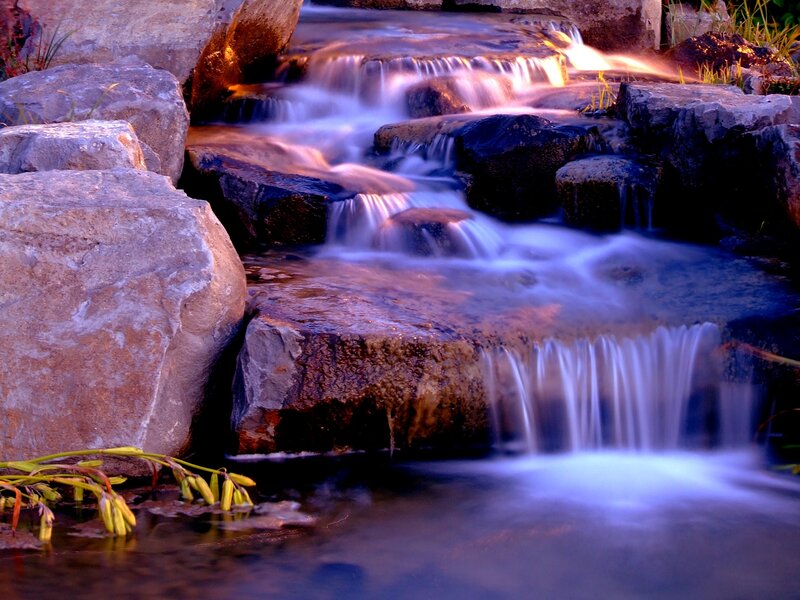 Stream Flowing over Rocks — Blue, Serene, Sunset, Photograph