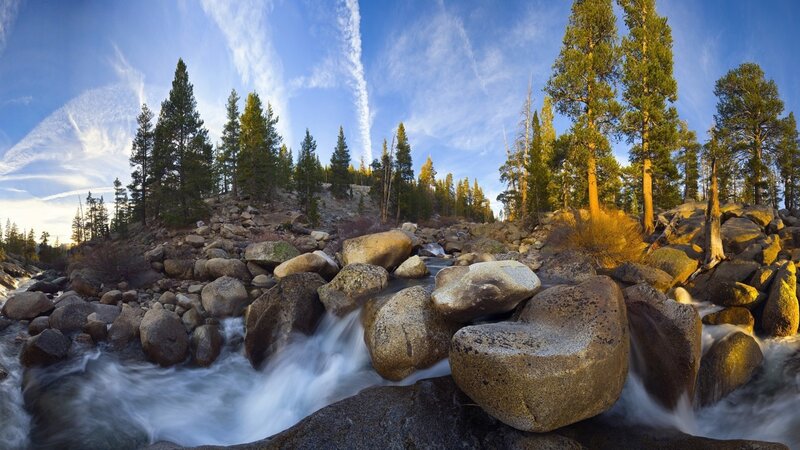 Stream Flowing over Rocks — Blue, Serene, Sunset, Photograph, Trees
