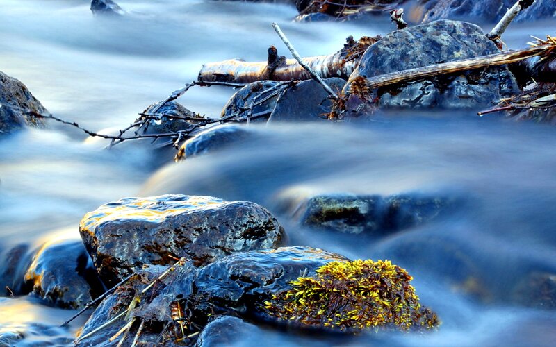Stream Flowing over Rocks — Blue, Serene, Sunset