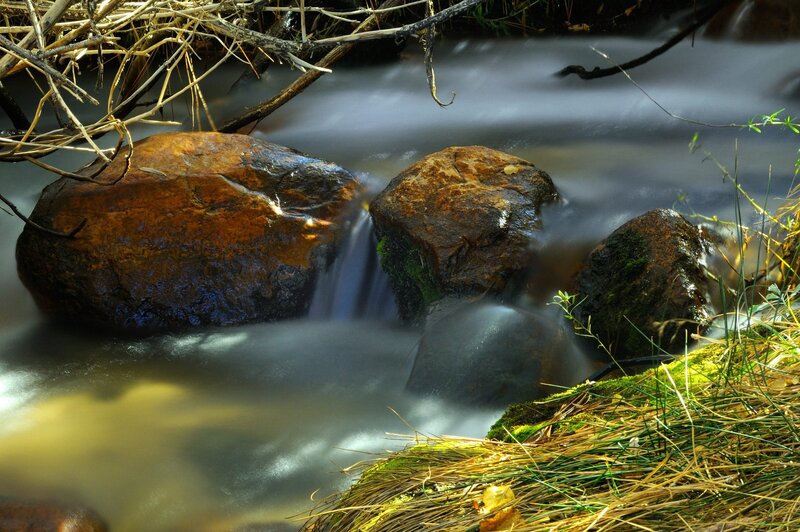 Stream Flowing over Rocks — Brown, Serene, Afternoon, Photograph, Grass