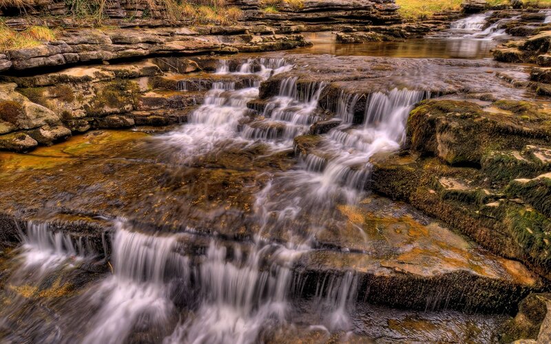 Stream Flowing over Rocks — Brown, Serene, Photograph, Moss