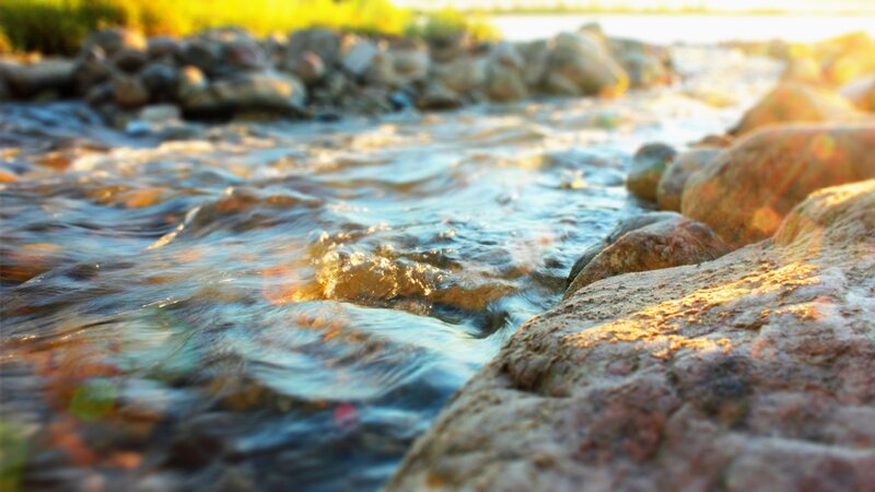 Stream Flowing over Rocks — Brown, Serene, Sunset, Photograph