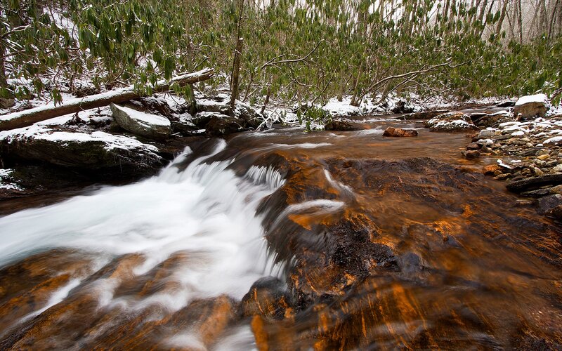 Stream Flowing over Rocks — Brown, Serene, Winter, Photograph