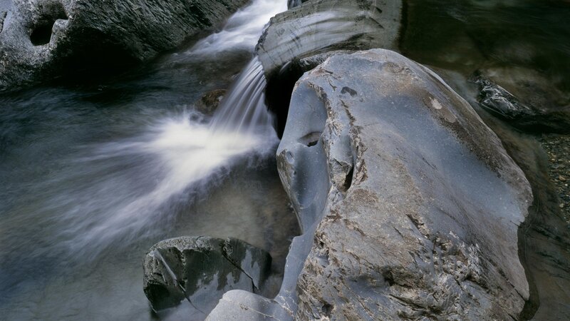 Stream Flowing over Rocks — Gray, Calm, Photograph, Waterfall, River