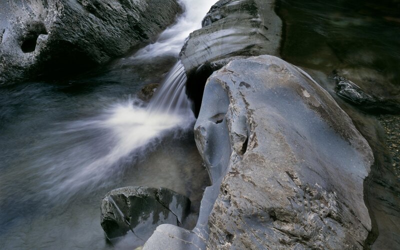 Stream Flowing over Rocks — Gray, Calm, Photograph, Waterfall, River, White
