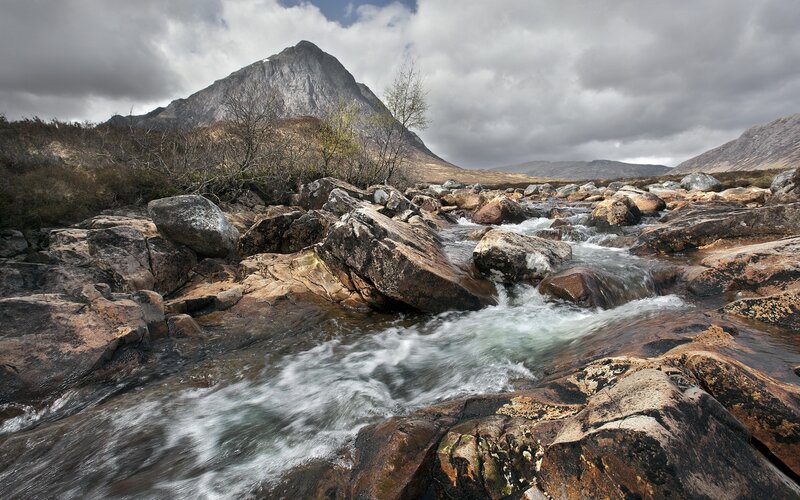 Stream Flowing over Rocks — Gray, Dramatic, Photograph, Mountain