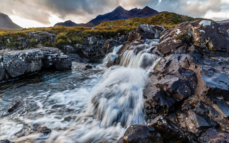 Stream Flowing over Rocks — Gray, Dramatic, Sunset
