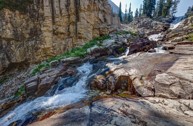 Stream Flowing over Rocks — Gray, Serene, Afternoon, Photograph, Trees