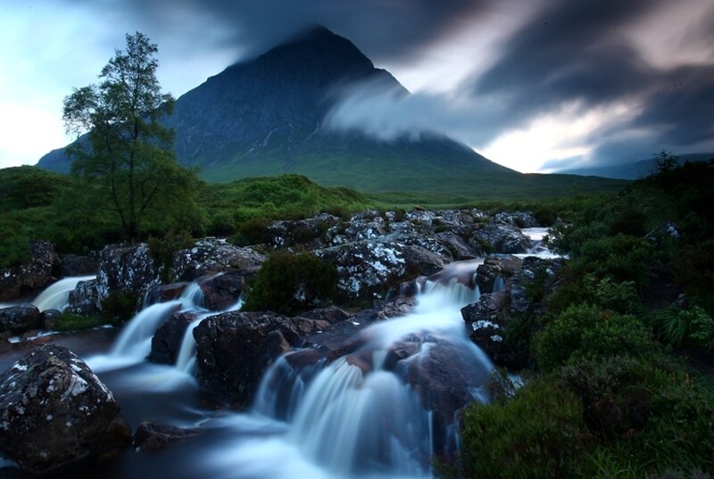 Stream Flowing over Rocks — Green, Dramatic, Night