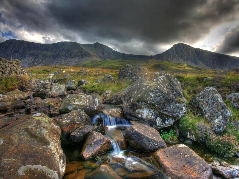 Stream Flowing over Rocks — Green, Dramatic, Photograph