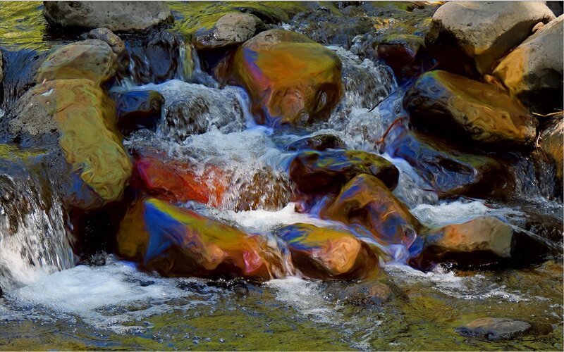 Stream Flowing over Rocks — Green, Dynamic, Digital Art
