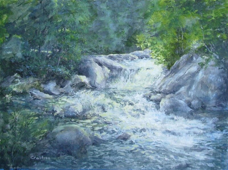 Stream Flowing over Rocks — Green, Serene, Afternoon, Painting