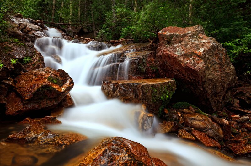 Stream Flowing over Rocks — Green, Serene, Afternoon, Photograph, Forest, Moss, Brown