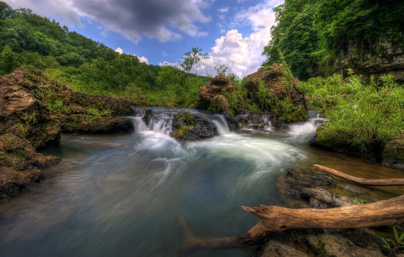 Stream Flowing over Rocks — Green, Serene, Afternoon, Photograph, Trees, Clouds