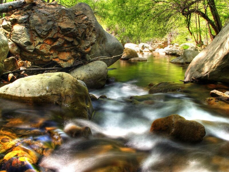Stream Flowing over Rocks — Green, Serene, Afternoon, Photograph, Trees, Water