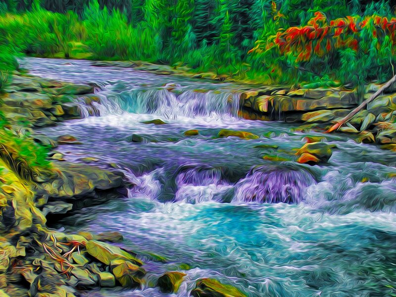 Stream Flowing over Rocks — Green, Serene, Digital Art