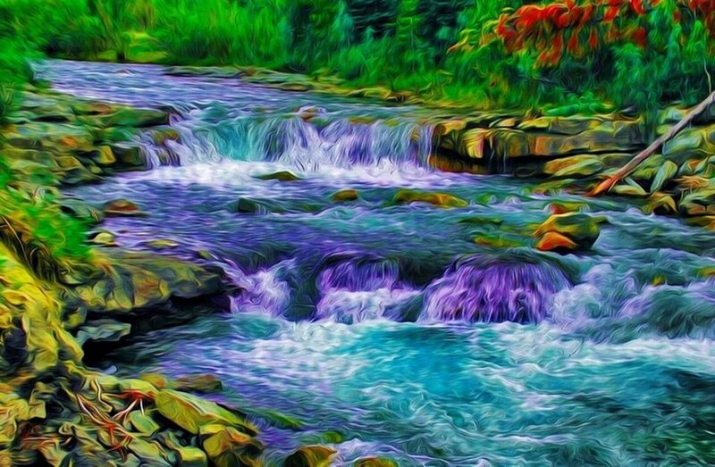 Stream Flowing over Rocks — Green, Serene, Digital Art, Trees