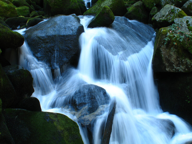 Stream Flowing over Rocks — Green, Serene, Photograph, Moss, Water, Blue