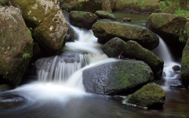 Stream Flowing over Rocks — Green, Serene, Photograph, Moss, Waterfall