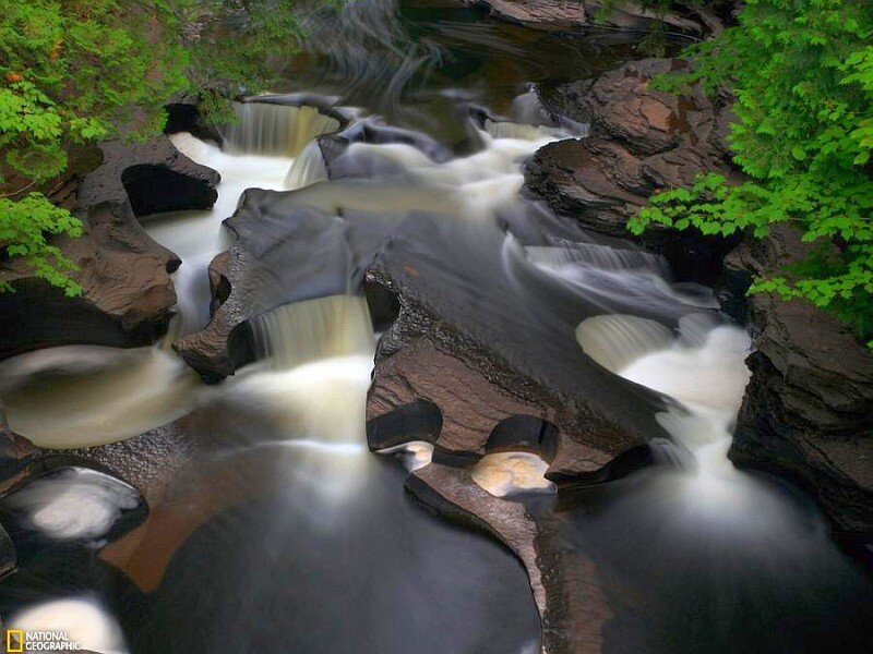 Stream Flowing over Rocks — Green, Serene, Spring, Photograph, Trees, Water, Brown