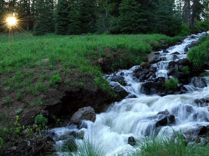 Stream Flowing over Rocks — Green, Serene, Sunset