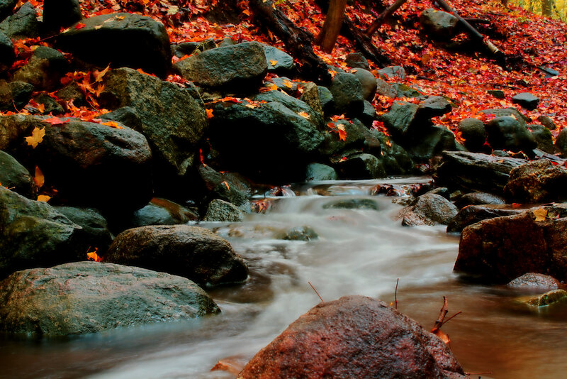 Stream Flowing over Rocks — Red, Serene