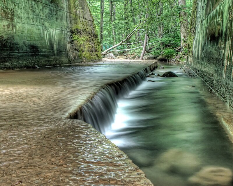 Stream flowing through a forested channel