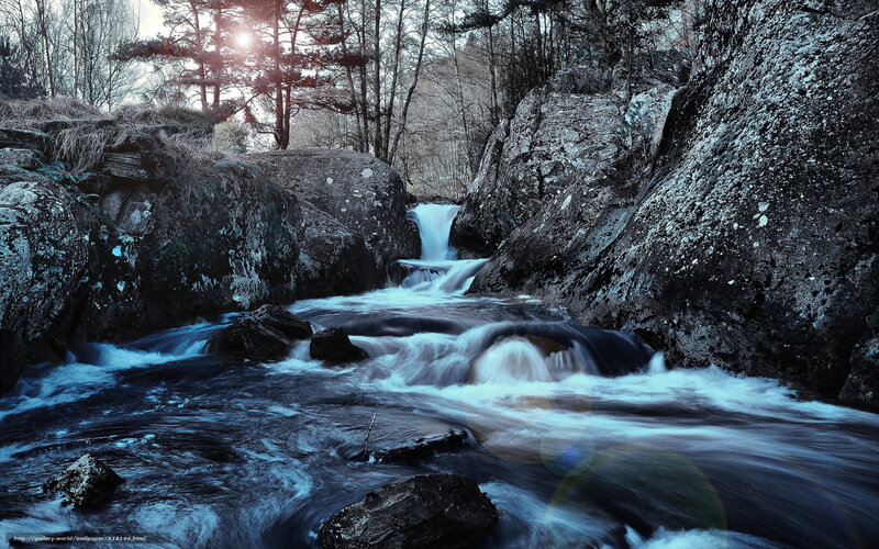 Stream Flowing Through Rocks — Blue, Dramatic, Sunset