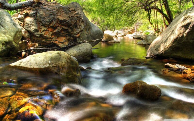 Stream Flowing Through Rocks — Green, Serene, Afternoon, Photograph