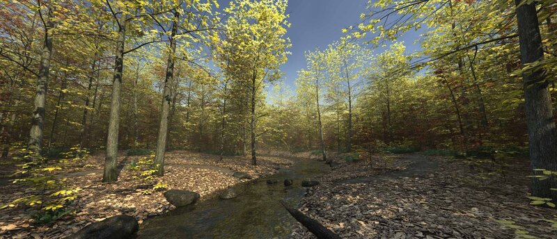 Stream in Autumn Forest — Green, Serene, 3d Render