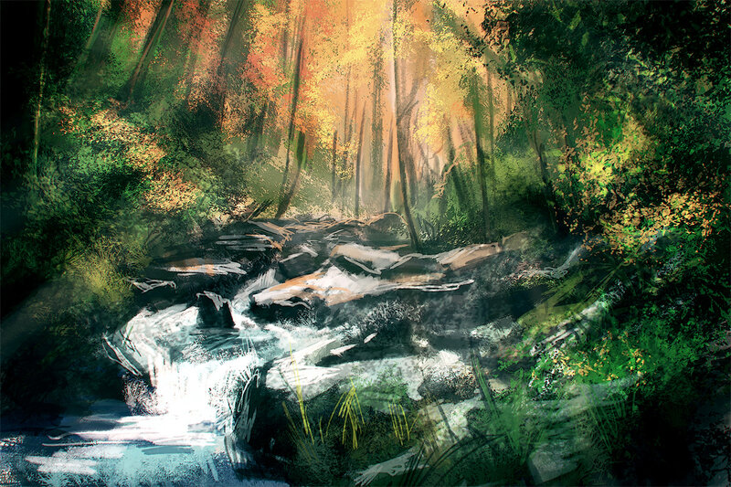 Stream in Autumn Forest — Green, Serene, Digital Art