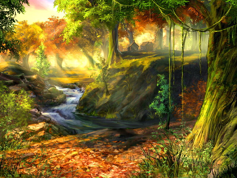Stream in Autumn Forest — Green, Serene, Digital Art, Trees, Cabin