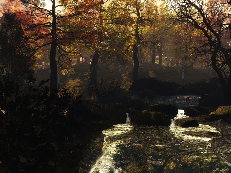 Stream in Autumn Forest — Green, Serene, Digital Art, Trees, Rocks, Sunlight