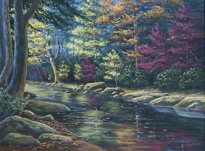 Stream in Autumn Forest — Green, Serene, Painting