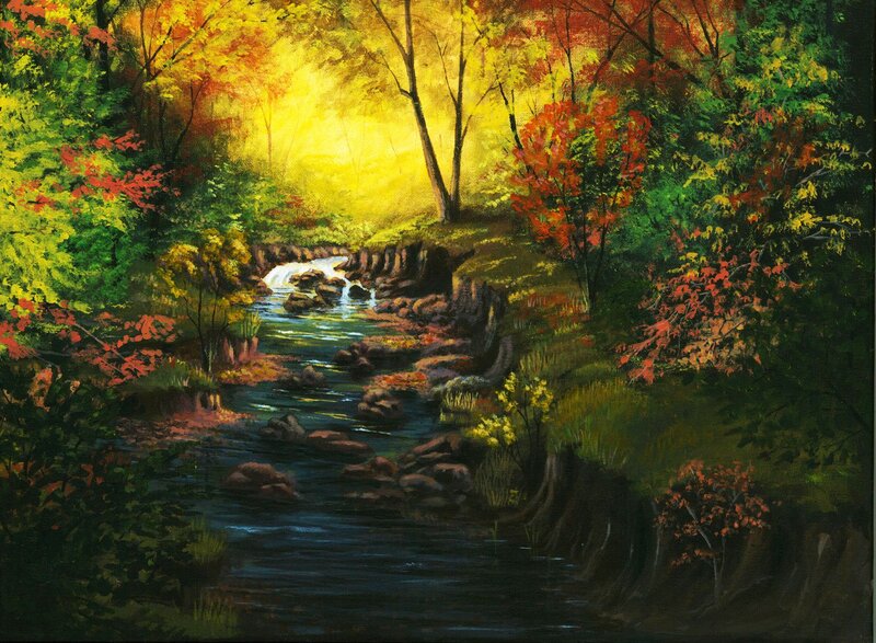 Stream in Autumn Forest — Green, Serene, Painting, Trees, River