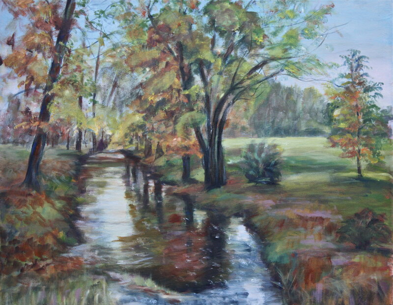 Stream in Autumn Forest — Green, Serene, Painting, Trees