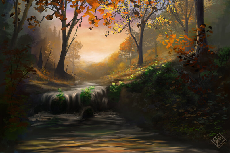 Stream in Autumn Forest — Orange, Serene, Digital Art