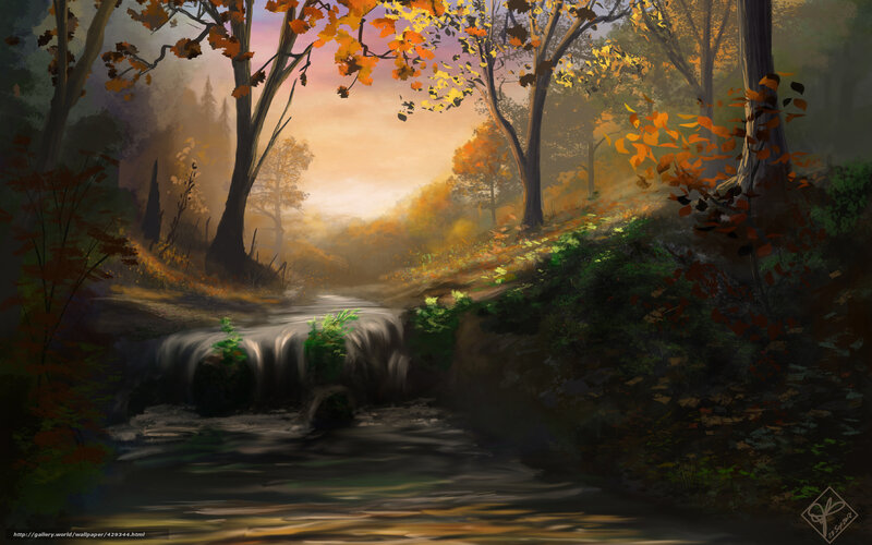 Stream in Autumn Forest — Orange, Serene, Digital Art, Trees, Fallen Leaves