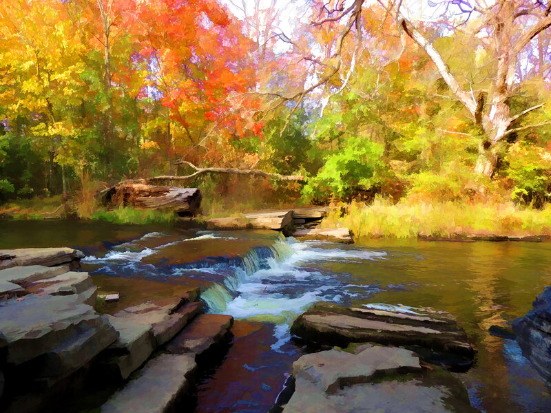 Stream in Autumn Forest — Orange, Serene, Digital Art, Trees