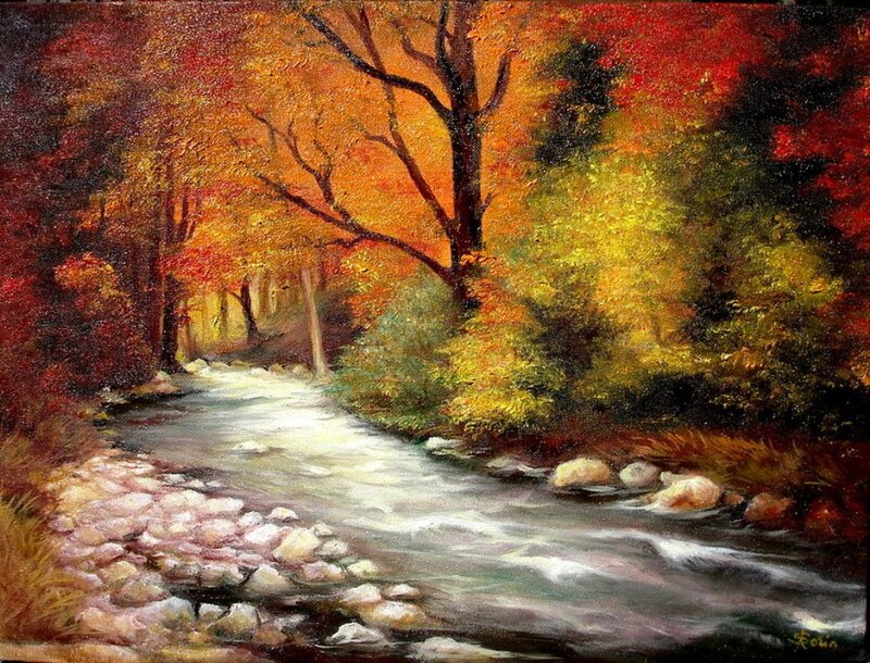 Stream in Autumn Forest — Orange, Serene, Painting