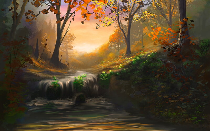 Stream in Autumn Forest — Orange, Serene, Sunset