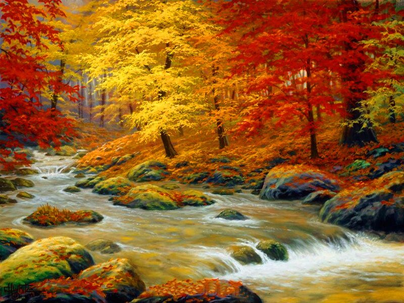 Stream in Autumn Forest — Red, Serene, Painting